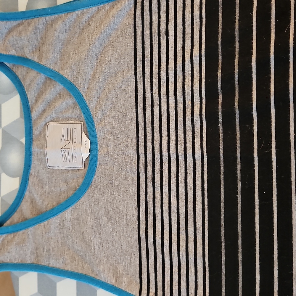 TRINITY Gray and Black Striped Tank Top with Blue Trim - L